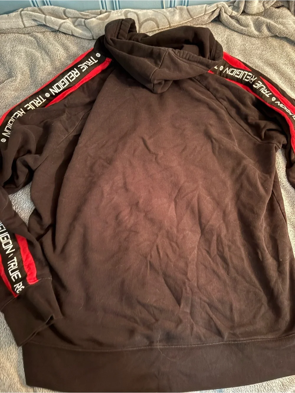 True Religion Hoodie Mens 2XL Black Red Zip Up Jacket Athletic Logo 100% Cotton